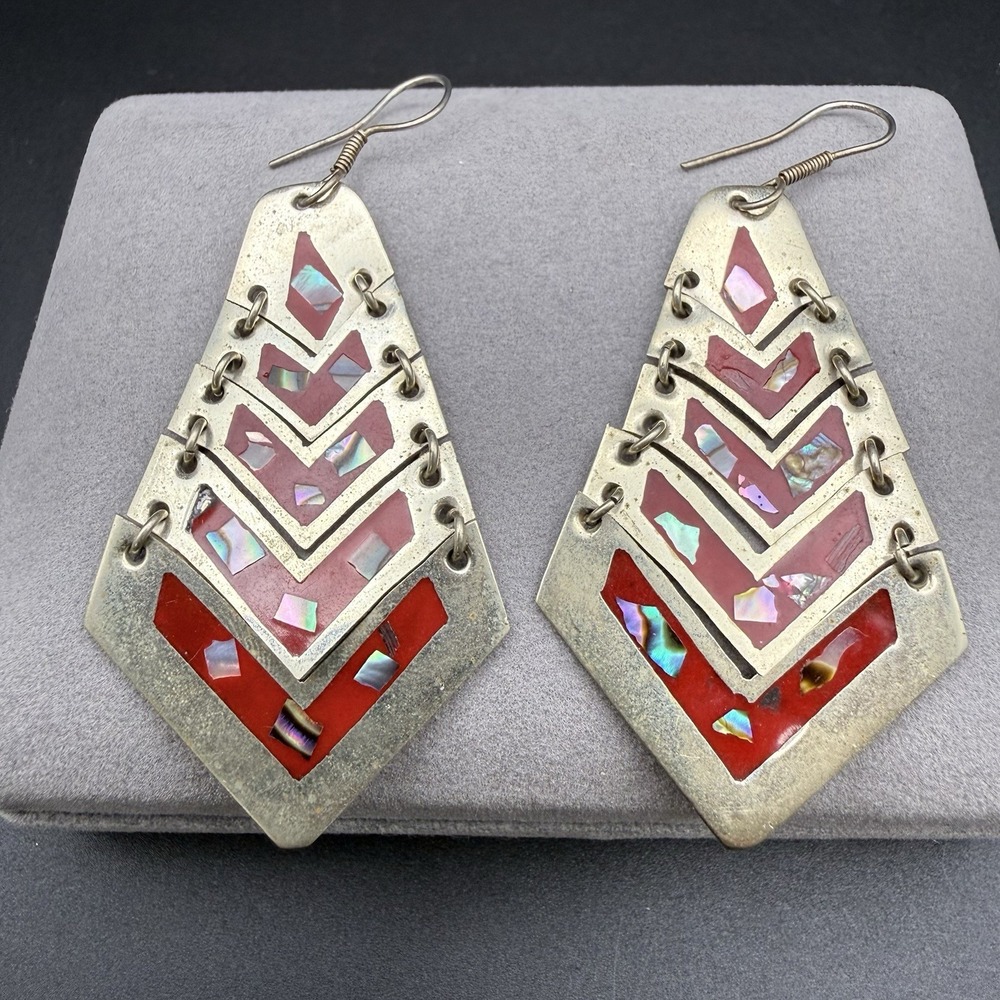 Vtg Artisan Silver Tone Abalone Shell Red Inlay 5-Panel Chevron Dangle Earrings
